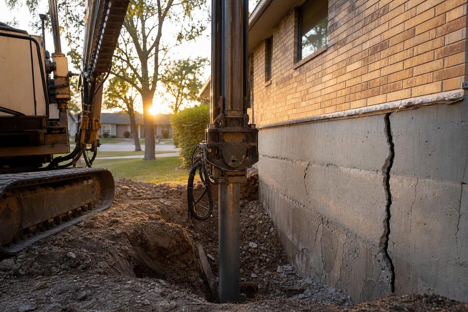 Concrete leveling crew injecting polyurethane foam under a San Antonio driveway slab